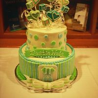 Stripes And Dots Baby Cake 2 tier chocolate cake with semisweet fudge icing with a thin layer of buttercream on top when decorating. Dots, bow, name plate and baby...