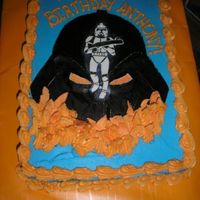 Darth Vader And The Storm Trooper 1/4 sheet cake with MMF Darth Vader and Storm Trooper. Details drawn freehand with edible food marker.