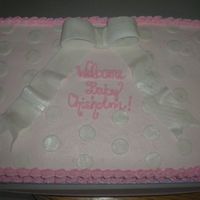 Pink Polka Dot Baby Shower 1/2 sheet, french vanilla cake with buttercream icing, fondant polka dots and bow brushed with Super Pearl luster dust. Customer requested...