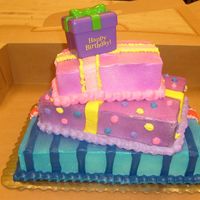 Birthday Surprise Cake this is a birthday surpse cake. it's three cakes on each other. a 1/4 sheet, 1/8 sheet and 1/16 sheet, all with whipped icing!