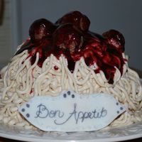 Spaghetti And Meatballs Spaghetti and meatballs. Banana cake with buttercream frosting. Starcrunch snack cakes shaped into meatballs and rasberry jam as the sauce...