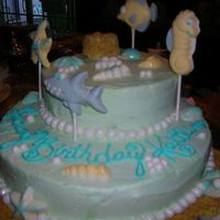 Dscn3323.jpg buttercream icing, fondant pearls, and chocolate shells and sea creatures. in case you can't tell, the thing on top that everyone...