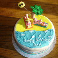 Life's A Beach Round sponge cake.... on the beach decorated with semolina coloured with yellow dust, the sea is royal icing. The people are plastic and...