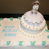 First Communion 9x13 sheet cake and 6" round cake decorated with buttercream.
