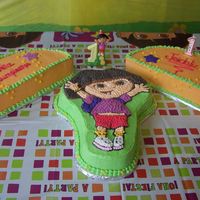 Dora The Explorer I made this cake for my goddaughter. Buttercream finish. Cut 12" round cake in half to make side cakes.