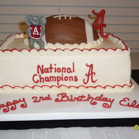 Alabama Crimson Tide National Championship Birthday Cake Chocolate cake with buttercream icing. Football is my first hand carved cake. The red is Wilton white chocolate melts. All is edible except...