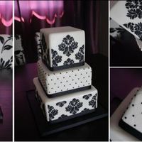 Black And White Wedding 6", 8" and 10" Squares. Fondant Covered. Diamond embossed pattern, accented with Black Pearls. Royal Icing Damask Stencil....
