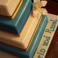 Teal Engagement 4", 6", 8", and 10" squares. 4-layer Wedding white cake (alternating layers tinted blue) with Mango-Passionfruit Swiss...