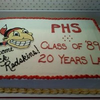 Phs 20 Year Reunion Three layer vanilla & chocolate with ganache & buttercream fillings. Buttercream icing. Our "Redskin" mascot done in FBCT...