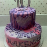 Makenna's 10Th Birthday Cake designed entirely by the birthday girl. Zebra top tier, marbled bottom tier. Vanill Bean cake with chocolate filling