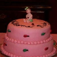 Baby & Ladybugs WASC cake with pink strawberry fondant, Baby made out of fondant with melted chocolate for hair. I made this for a friends baby shower. TFL...