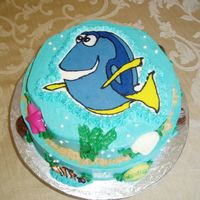 Dori From Saving Nemo I did this cake for a school fundraiser. I was asked to use Dori as the theme. Dori is FBCT, decorations are chocolate.