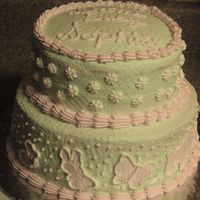 Welcome Baby Sophia Mint green and pink buttercream icing, strawberry and yellow tiers. Made for a co-workers' baby shower. I used cookie cutters to press...