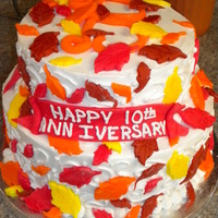 Fall -Themed 10Th Anniversary Cake My first attempt using fondant, I used a press to make the leave shapes. All buttercream icing with fondant leaves and banner.