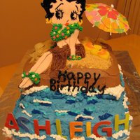 Betty Boop At The Beach Betty made of fondant with painted face and icing accents. Beach is made of ground up graham crackers. Paper umbrella and candle flip flops...