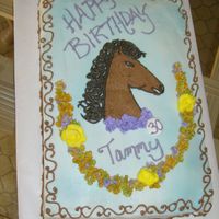 Horse Cake For a woman who loves horses. Butter yellow cake. I Used blue spray color on top. Need to practice FBCT .. I still get 'squigglies&#...
