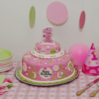 Pink Polka Dot Party Cake Strawberry (Jello) cake, frosted with strawberry(Jello) flavored crusting buttercream. BC borders, MM fondant decorations. Pearl dust on...