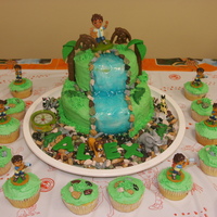 Diego Birthday Cake Made this for my 4 year old grandson. Bottom layer is strawberry with strawberry filling, top layer is marble. Trees are made out of Kit-...