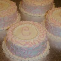 Monogrammed Mini Cakes 3 inch round cakes with buttercream frosting and cornelli lace. Made for bridal shower.
