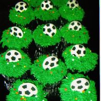 Soccer Cupcakes White cupcakes with green buttercream (made to look like grass) with premade Wilton soccers decorations.