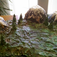 Mountain Scene Mountains are covered in fondant then handpainted. Snow is painted on frosting. Trees are ice cream cones painted with frosting and food...