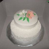 Img_2284.jpg I made cake as a sample to the real thing. She wants a pina colada cake with a pineapple filling. Flowers are made from RI.