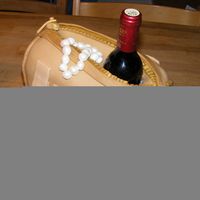 Bag With Wine Bottle chocolatecake with chocolate buttercream covered with fondant. Little winebottle placed in cake.