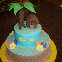 Luau Cake All buttercream with fondant accents. Tree is a pretzel rod covered in fondant.Leaves are made of fondant and attached to tree with candy...