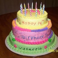 Colorful Birthday Cake This cake was done for a 14 year old girl. She drew the design and I made the cake. It was a fun cake to do.