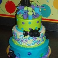 Puppies! Made for a 7 yr old birthday girl who had a puppy party. She has a black lab named Lucky so I made little Lucky's all over the cake...