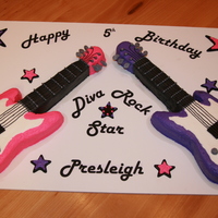 Rock Star Diva! Two BC electric guitar cakes with fondant accents. Carved the pieces for each cake out of a 13X9 pan following a template.