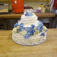 Sugar Flowers This is a butter cream cake with gum paste hydrangeas and roses. The basket-look was achieved with royal icing.