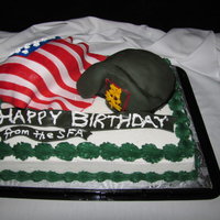 Happy 80Th Birthday Cake For An Honorary Green Beret! This cake was marble with buttercream. The decorations were make with RKT and Fondant. It was an honor to make this cake as a rookie.