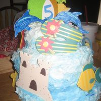 Beach Party Birthday this was my first attempt at a topsy turvey cake, we made "waves" crashing up the sides and added wood beach themed decorations...