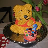 Winnie The Pooh For Zoe's Second Birthday We used the Wilton 3D cuddly bear pan with a chocolate zucchini cake batter and cream cheese buttercream frosting. Zoe loves M&Ms.