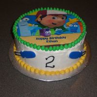 Handy Manny Dark chocolate, chocolate chip cake with choc ganache filling. BC with edible image.