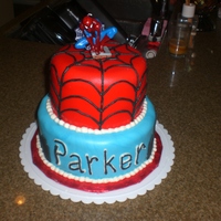 Spiderman Ckae My youngest insisted on Spiderman for his 3rd birthday. Cake is strawberry with lemon cream filling. Both tiers are covered in MMF, BC...