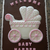 Baby Carriage Mother wanted chocolate cake with chocolate icing; baby's room colors are pink and brown, so choc w choc icing w white chocolate...