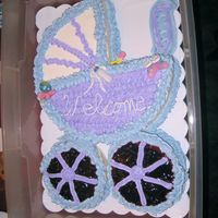 Christeena's Baby Shower 2007 I used a 12 inch round pan for the buggy. I used two 6 inch rounds for the wheels. I used blueberries for the inside of the wheels.