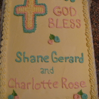 Christening Cake For Boy And Girl Twins 1/4 sheet 2-layer cake. Buttercream icing for cake and deatils.