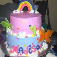 My Little Pony Bc icing and fondant accents, the butterflies are not edible. My rainbow was almost a disaster!...the ponies were added later...8" and...