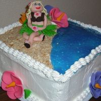 Beach Babe Cake Hawaiian themeFondant girl and flowers, Butter cream icing