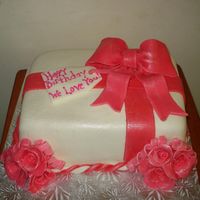 Pink Gift this is a chocolate with chocolate buttercream this is my secong fondant cake tfl