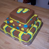 Baby Shower Three tiers of chocolate buttercream... White cake with fresh stawberry filling. The stripes, dots and feet are fondant. Fun bright vivid...