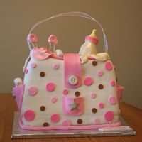 Pink Diaper Bag Shower Cake It's a Girl Baby Shower Cake, inspired by Cake Girls. Covered in fondant, fondant decorations, chocolate bottle.
