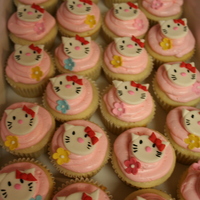 Hello Kitty Cupcakes Hello Kitty fondant toppers on vanilla SMBC covered cupcakes.