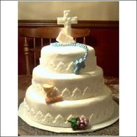 First Communion Cake For Boy 3 tier cake, bottom: white w/strawberry filling, middle & top: chocolate fudge covered in buttercream and choco-pan fondant. All...
