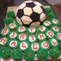 Malcolm Coconut & orange cake for the soccer ball surrounded with butterscotch cupcakes.
