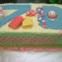 Sue Vanilla butter cake topped with buttercream. Toppers made from gum paste and sides of cake with sugar paste to simulate smocking....