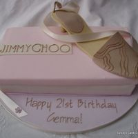 Another Shoe Box Cake Based on Jimmy Choo. Pastillage shoe with ribbon on cake.